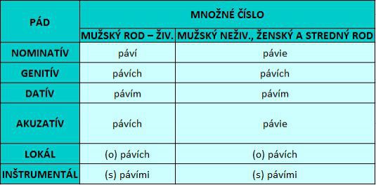 množné číslo - vzor páví