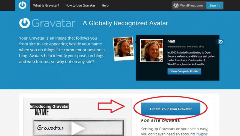 Na úvodnej stránke www.gravatar.com kliknite na “Create Your Own Gravatar”.