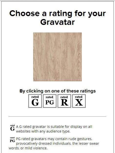 Zvolíte si rating svojho Gravataru - je to určité hodnotenie, či je Váš Gravatar vhodný pre zobrazenie na všetkých weboch s akýmkoľvek typom publika alebo je potrebné nejaké obmedzenie v prípade, že Gravatar zobrazuje napr. vulgarizmy, násilie alebo nahot